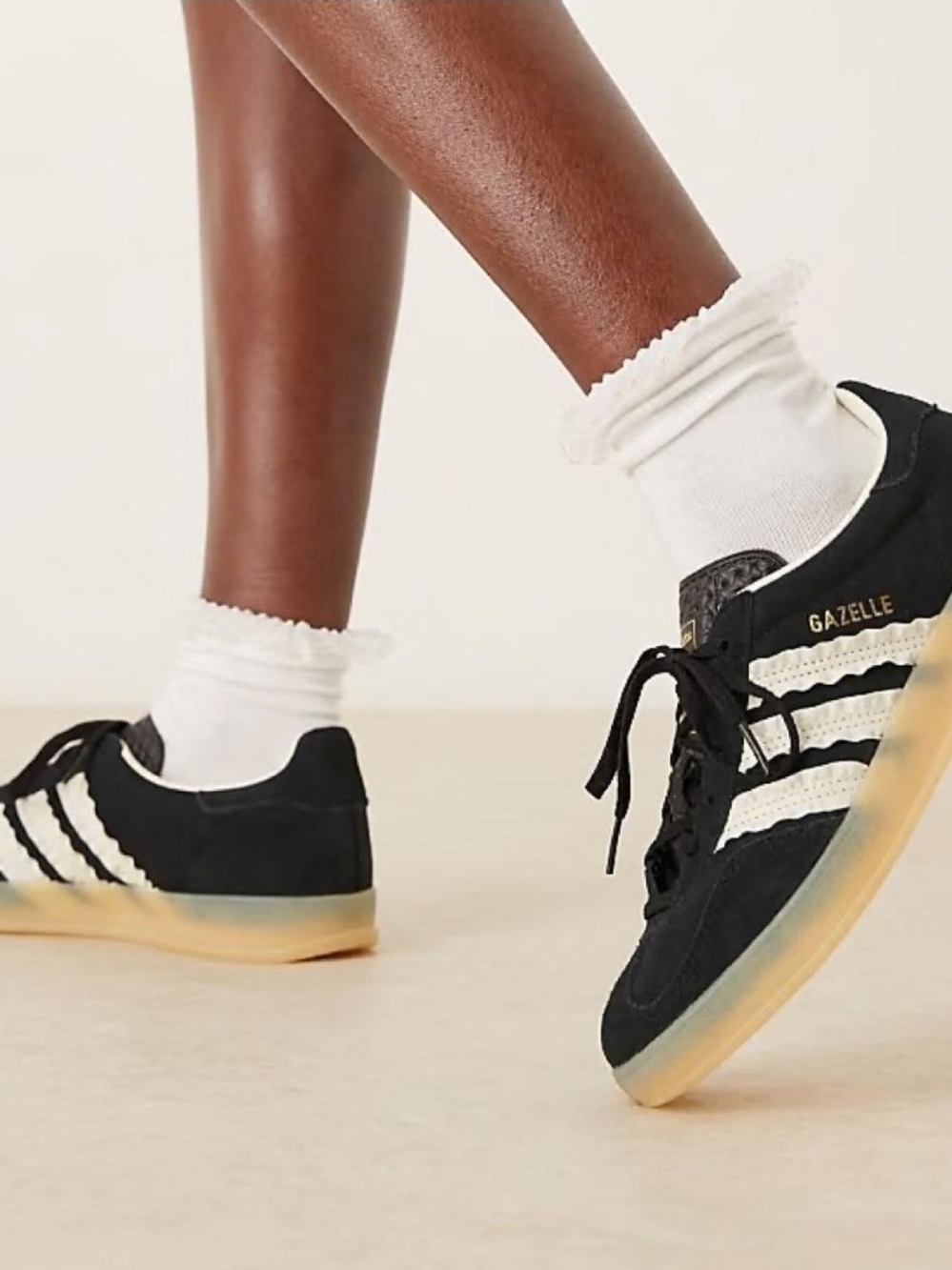 adidas Gazelle Women’s Black Suede Sneakers with White Stripes and Gum Sole
